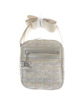 Chanel New Travel Line CC Logo Canvas Shoulder Bag Gray Beige